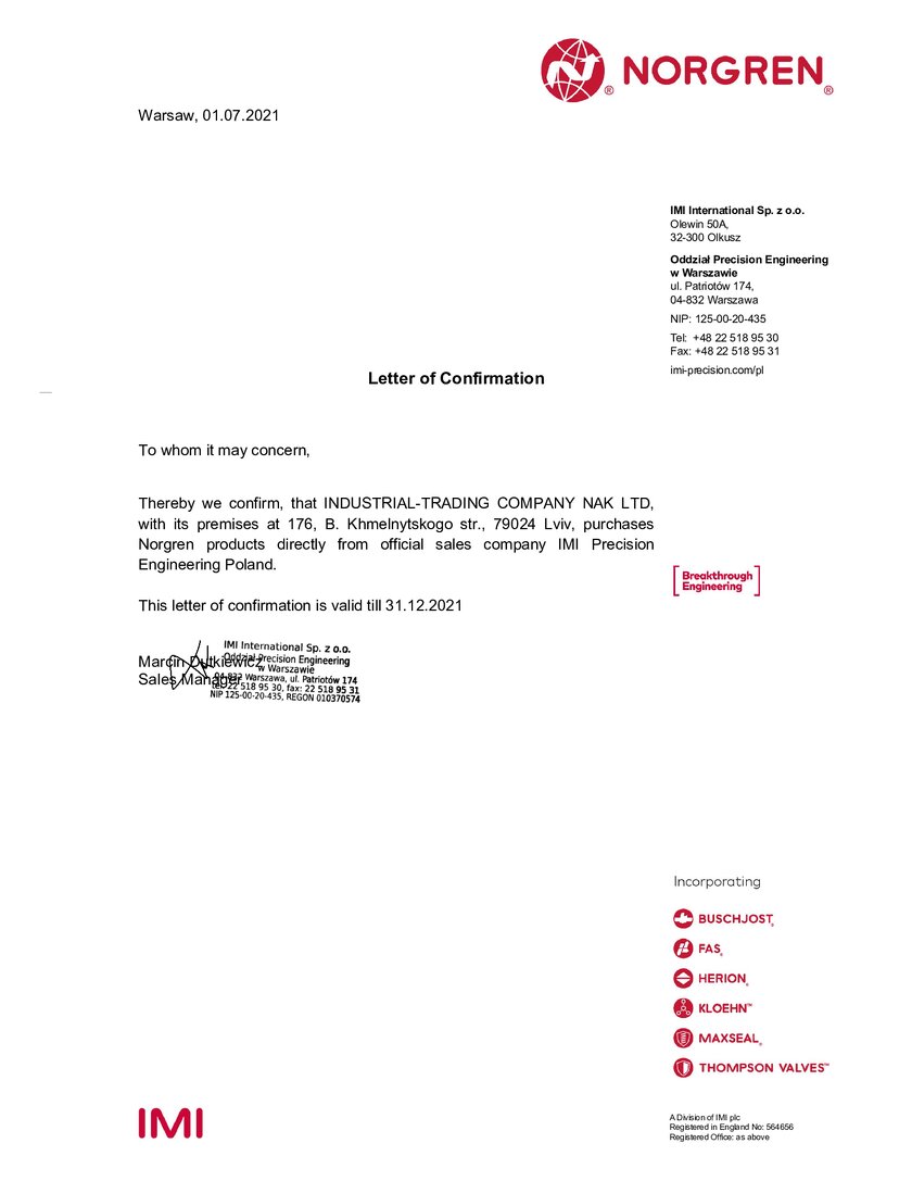 Distributor certificate IMI Norgren