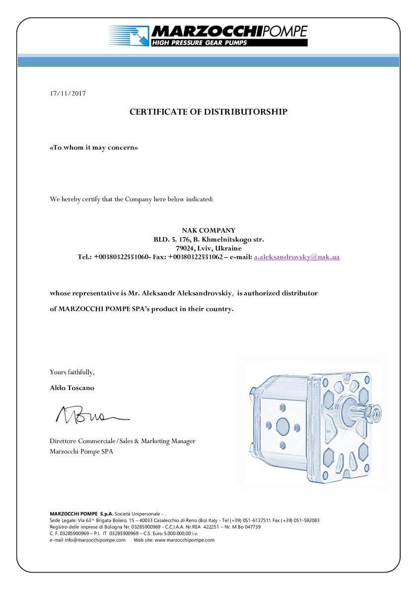Distributor certificate Marzocchi Pompe